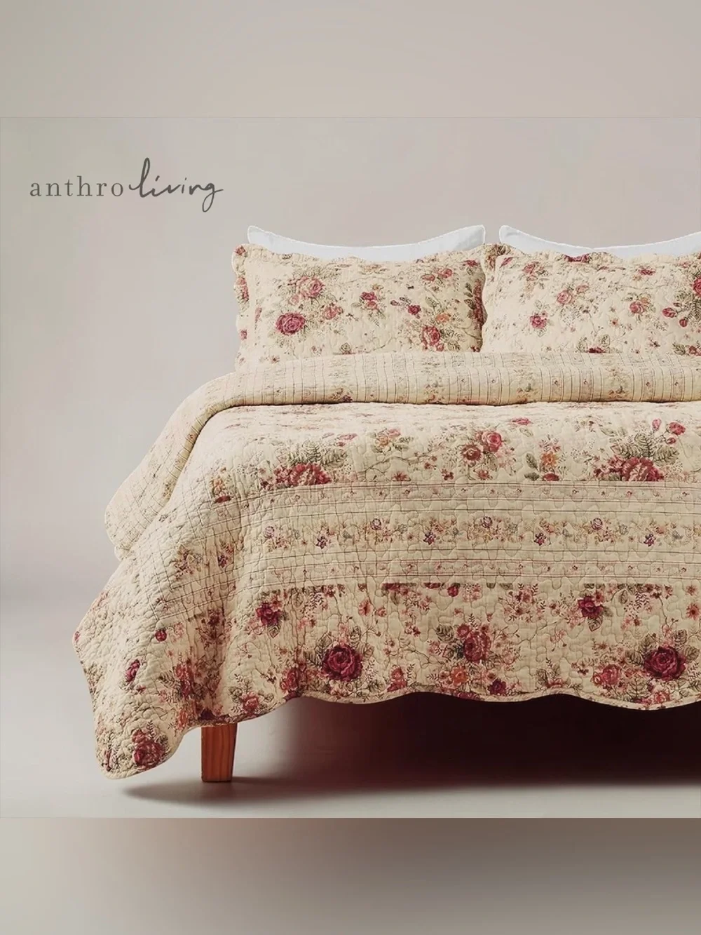 NEW Anthro White Red Floral Cream Queen King Quilt Bedspread Bedding & Sham Set